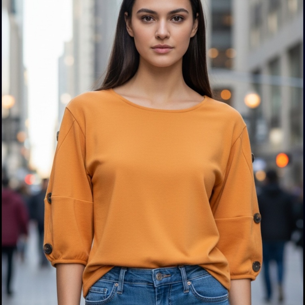 Marc New York Andrew Marc Bubble Sleeve Orange Button Blouse Size: Medium